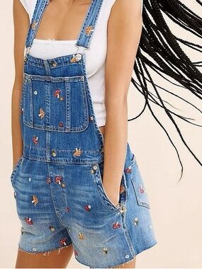 NWT Driftwood Free People Mushroom Flowers Embroidered Overalls Shortalls Medium